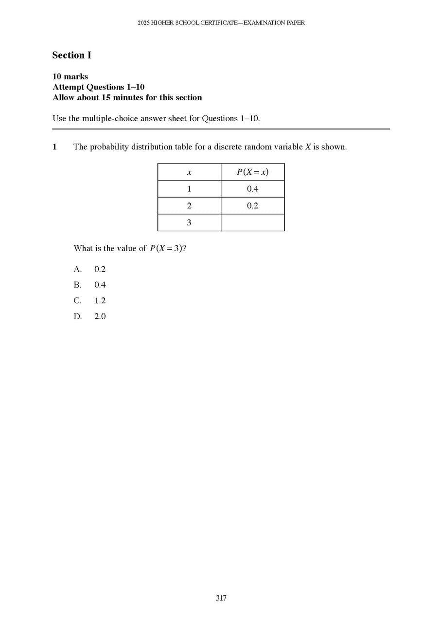 HSC Year 12 Mathematics Advanced course notes by Excel Success One, displaying a page from a 2025 examination paper with a probability distribution table.