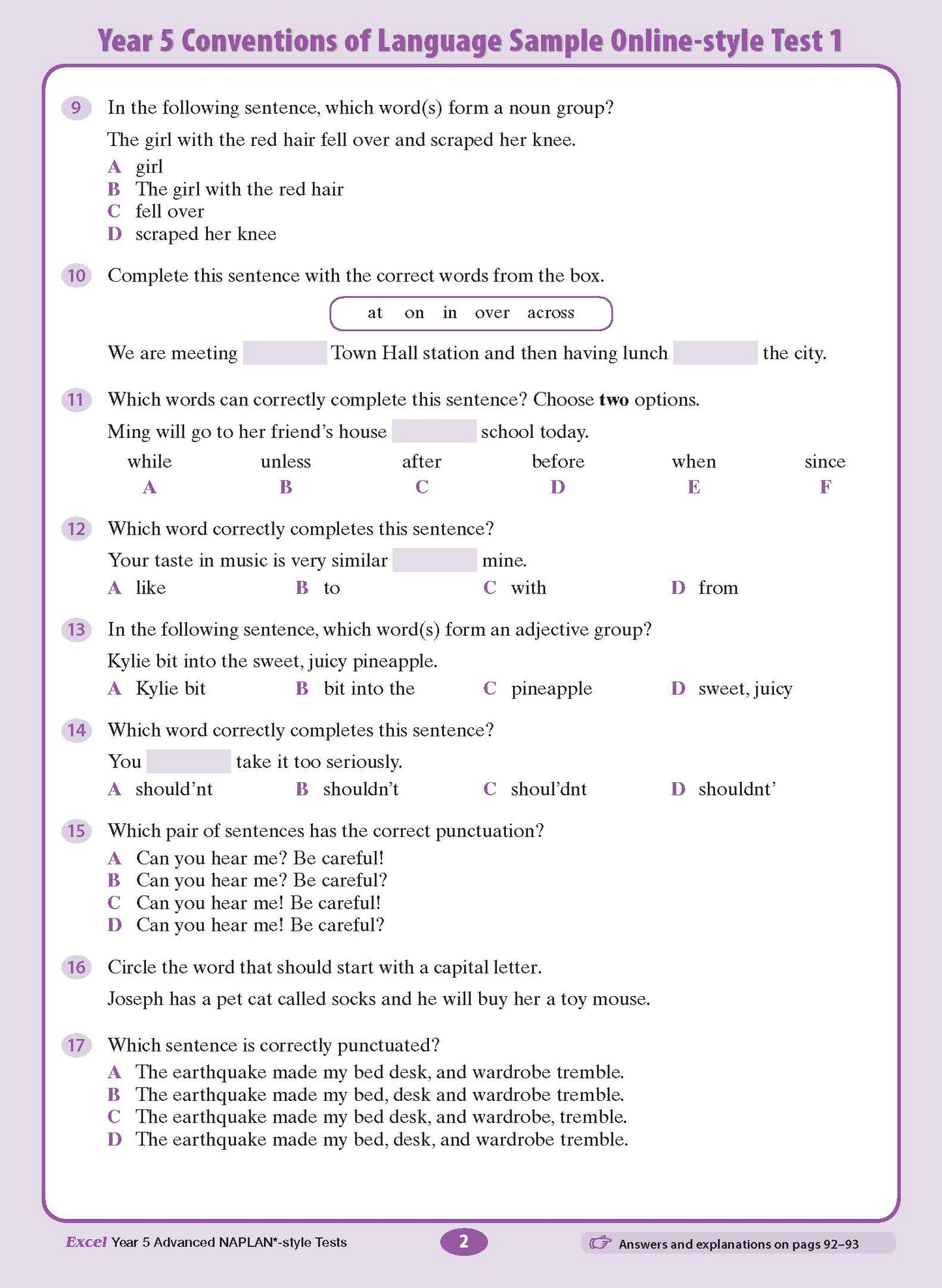 White Year 5 Advanced NAPLAN-style Test book page by Excel, displaying grammar questions 9-17 with purple borders.