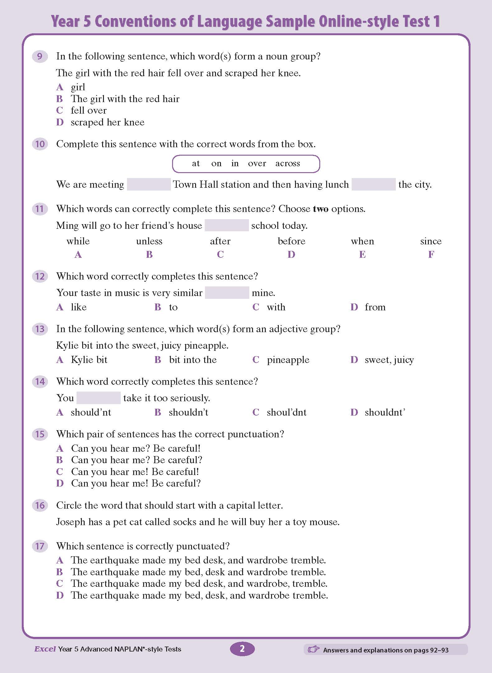 White Year 5 Advanced NAPLAN-style Test book page by Excel, displaying grammar questions 9-17 with purple borders.