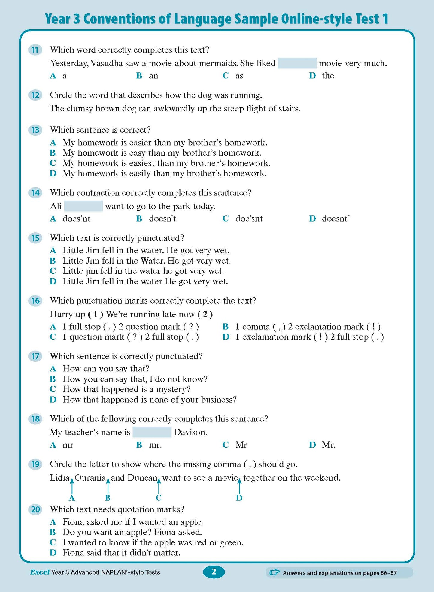 Year 3 language test book page by Excel, showing conventions questions 11-20 with blue and green sections.