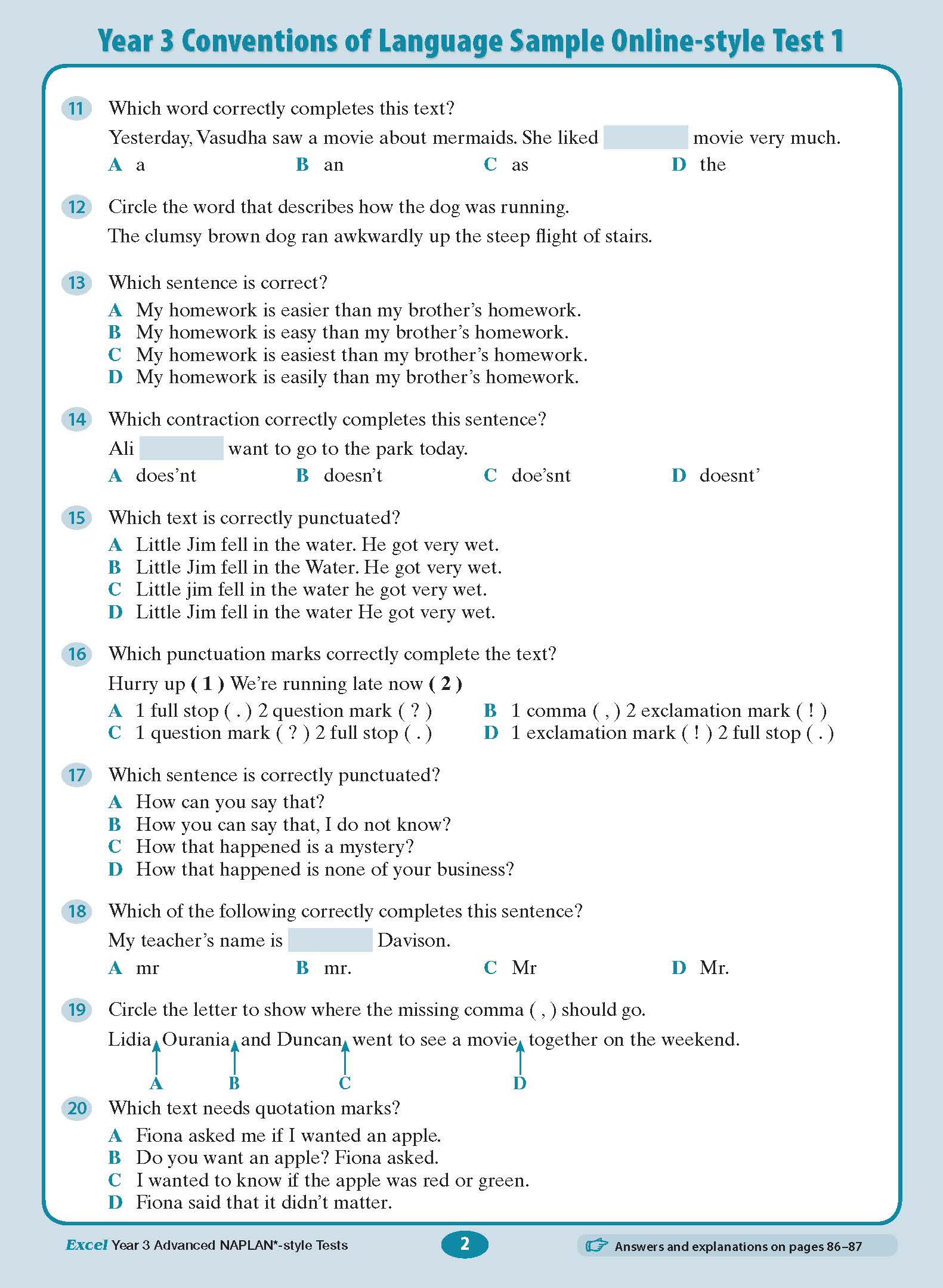 Year 3 language test book page by Excel, showing conventions questions 11-20 with blue and green sections.