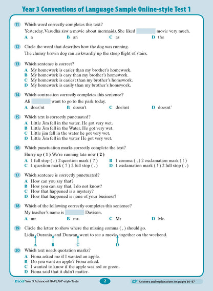 Year 3 language test book page by Excel, showing conventions questions 11-20 with blue and green sections.
