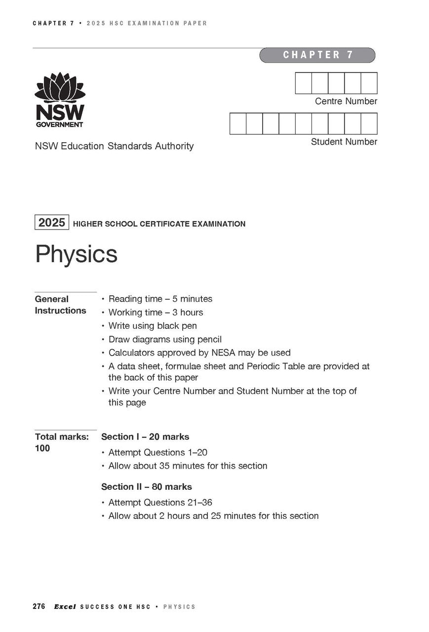 HSC Physics examination paper page by Excel, displaying 2025 exam details, instructions, and mark allocation.