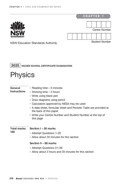 HSC Physics examination paper page by Excel, displaying 2025 exam details, instructions, and mark allocation.