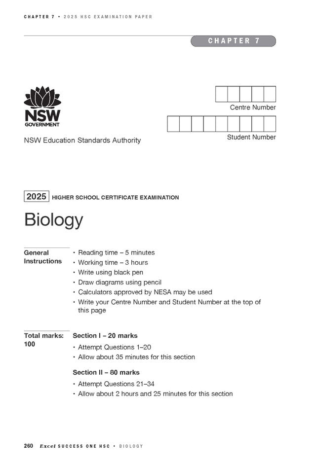Year 12 Biology course notes book by Excel Success One, displaying a sample 2025 HSC examination paper from NSW Education Standards Authority.