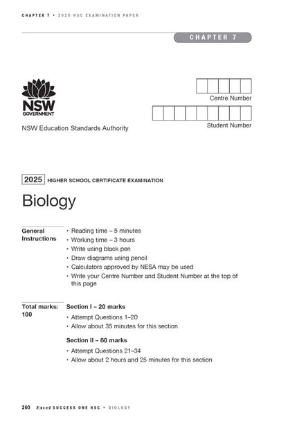 Year 12 Biology course notes book by Excel Success One, displaying a sample 2025 HSC examination paper from NSW Education Standards Authority.