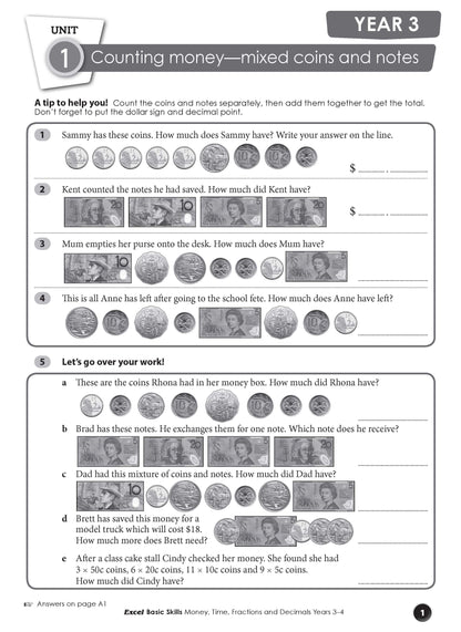 Excel Basic Skills - Money, Time, Fractions and Decimals Years 3-4