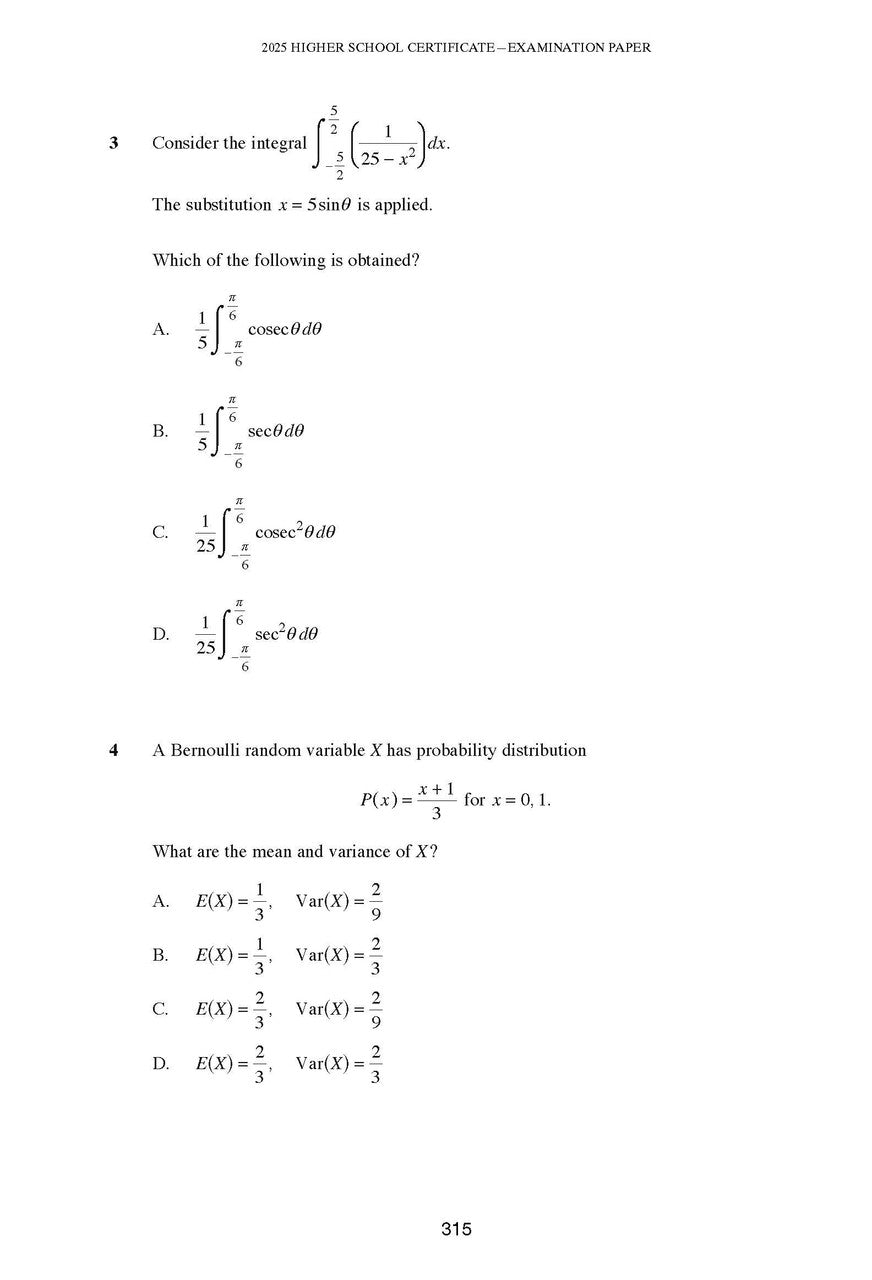 HSC Year 12 Mathematics Extension 1 Course Notes from the 2026 Edition, displaying two mathematics problems on integration and probability.
