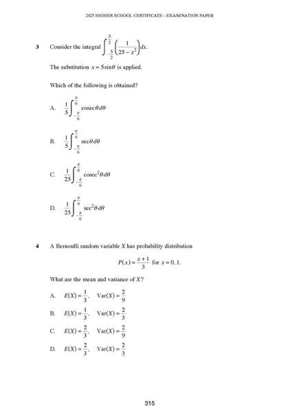 HSC Year 12 Mathematics Extension 1 Course Notes from the 2026 Edition, displaying two mathematics problems on integration and probability.