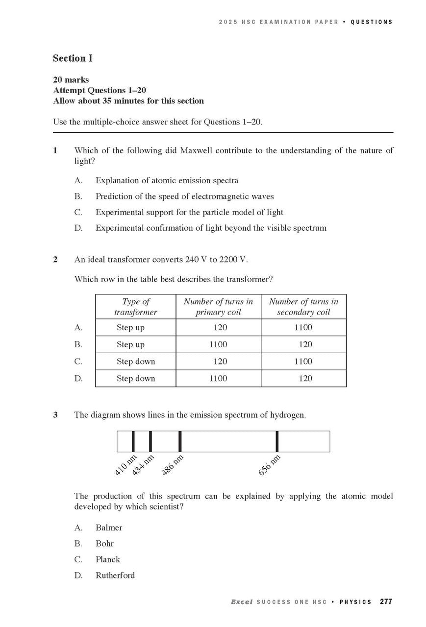 HSC Physics exam paper by Excel, open to a page displaying multiple-choice questions, tables, and diagrams.