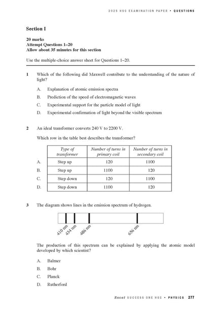 HSC Physics exam paper by Excel, open to a page displaying multiple-choice questions, tables, and diagrams.