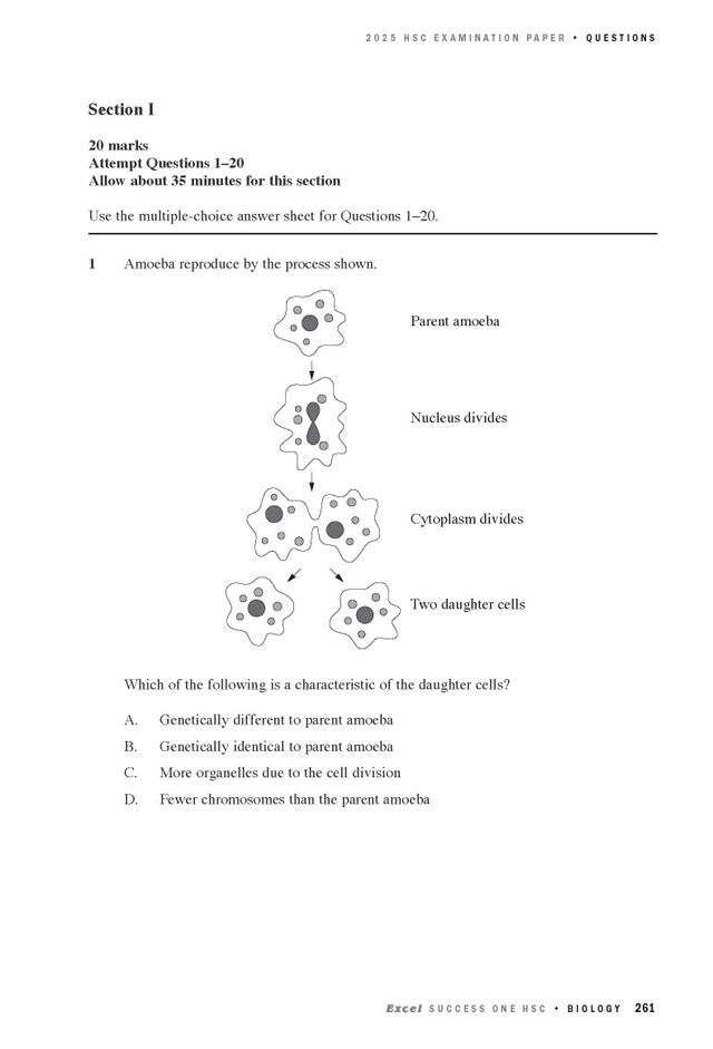 Course notes page from Excel Success One HSC Year 12 Biology (2026 Edition), displaying a diagram of amoeba reproduction and multiple-choice questions.