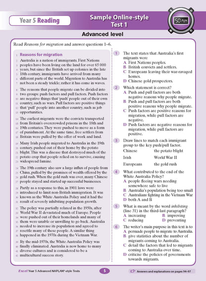 Year 5 NAPLAN*-style Assessment Book by Excel, displaying a reading test page with a passage on migration and multiple-choice questions.