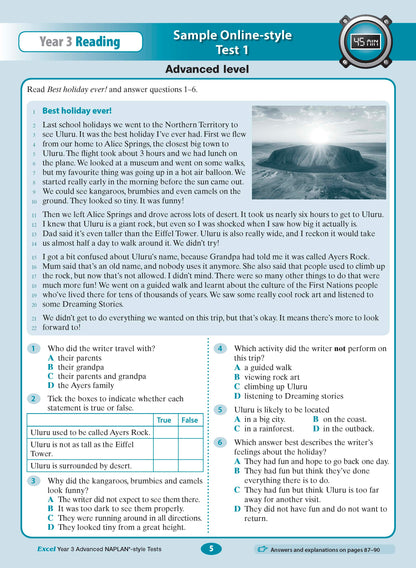 Year 3 Reading assessment and test book by Excel, showing a sample page with passage, questions, and a 45-minute timer.
