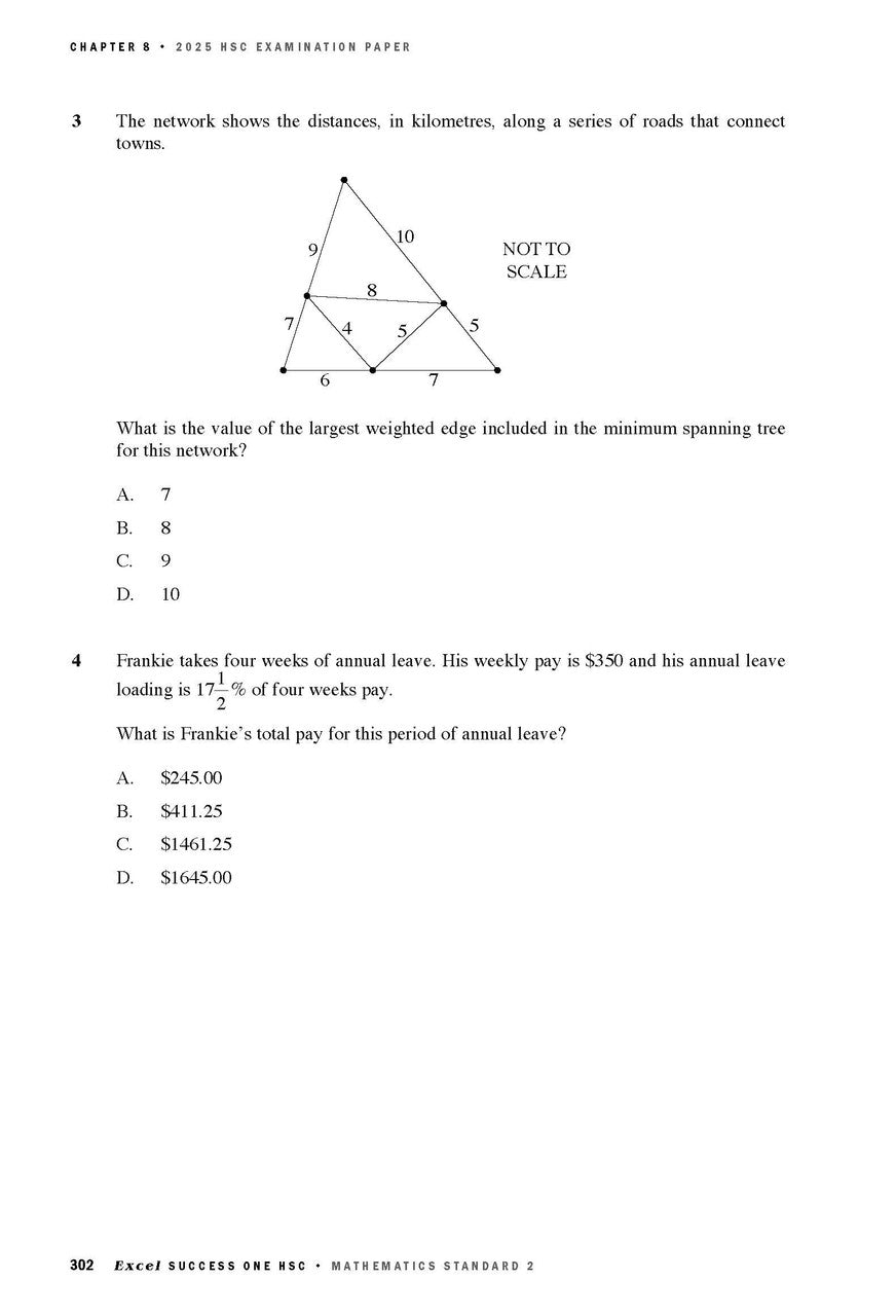 HSC Mathematics Standard 2 textbook by Excel Success One HSC, showing an open page from '2025 HSC Examination Paper' with two problems, a network diagram, and multiple-choice answers.