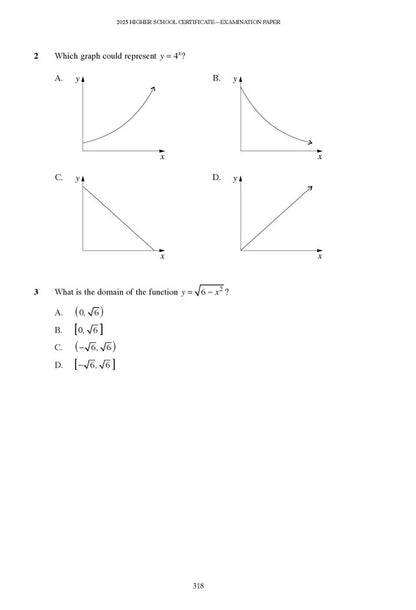 Course notes page by Excel Success One, showing Mathematics Advanced exam questions with graphs and functions, page 318.