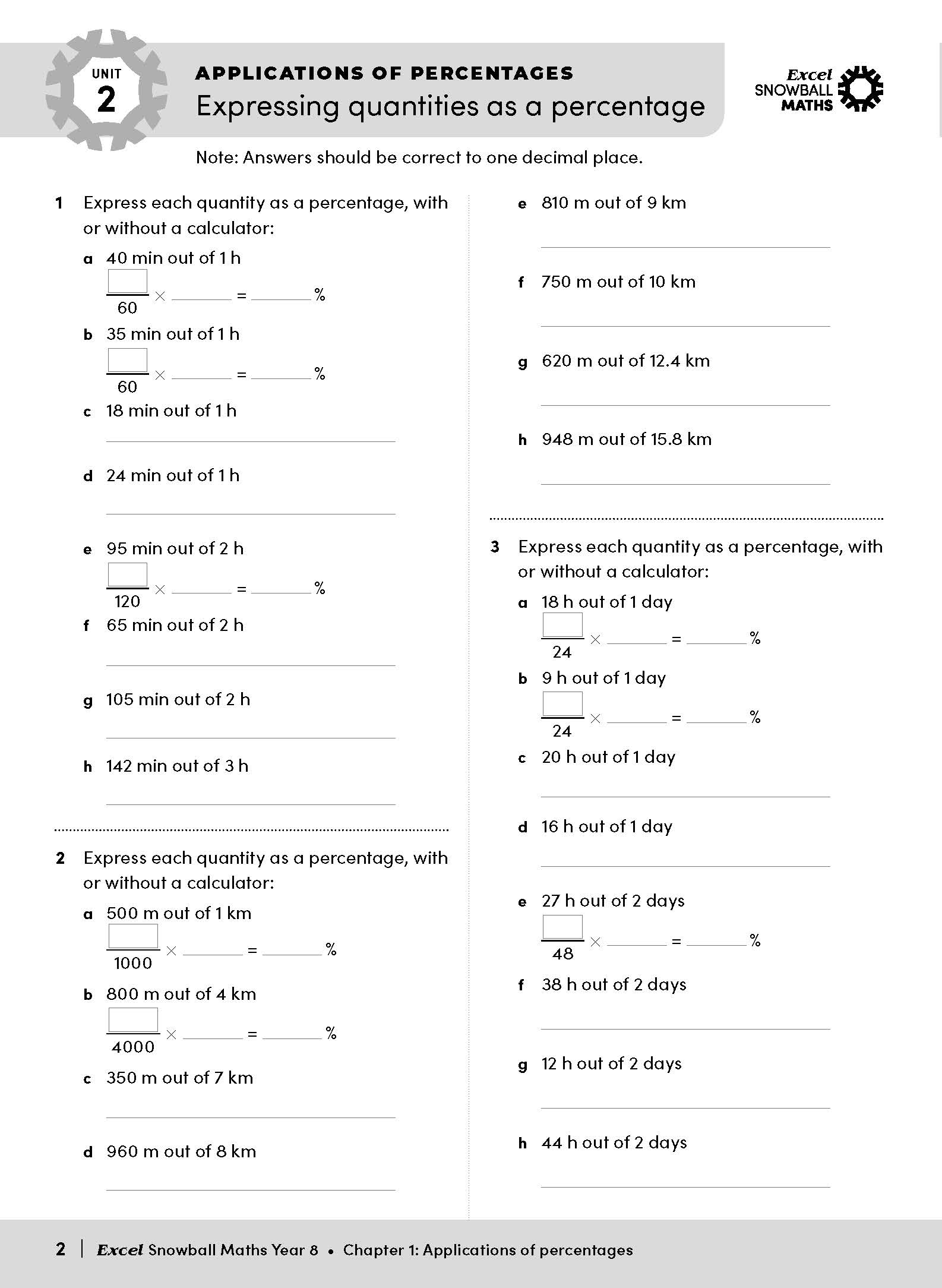 Maths Year 8 workbook by Excel Snowball, showing a page on percentages with unit conversion problems and blank answers.