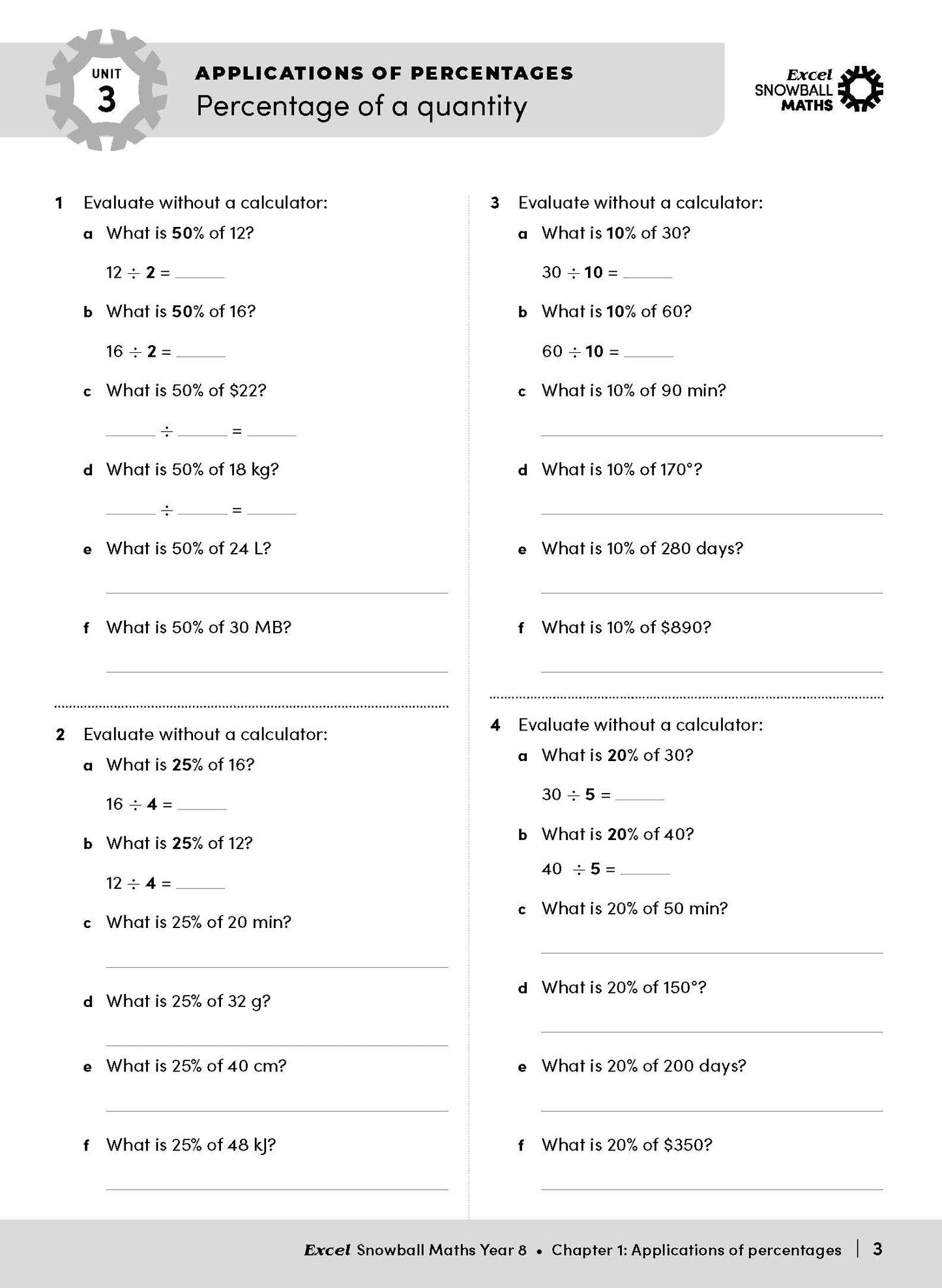 Maths Year 8 workbook page by Excel Snowball featuring percentage calculation exercises.