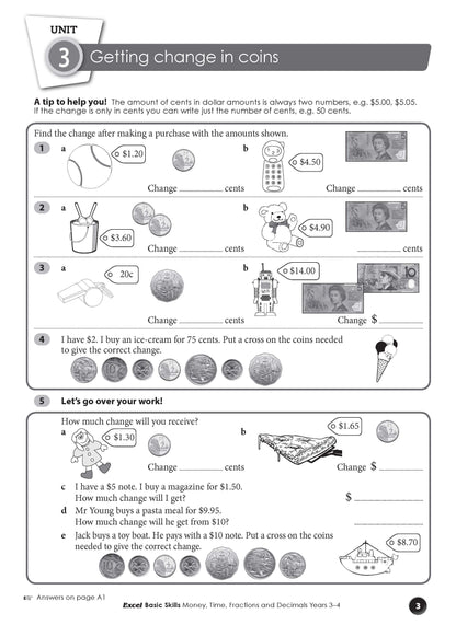 Excel Basic Skills - Money, Time, Fractions and Decimals Years 3-4
