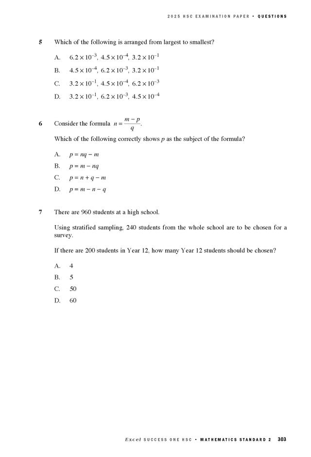 A mathematics study guide page by Excel Success One HSC showing multiple-choice questions on scientific notation, algebra, and statistics.