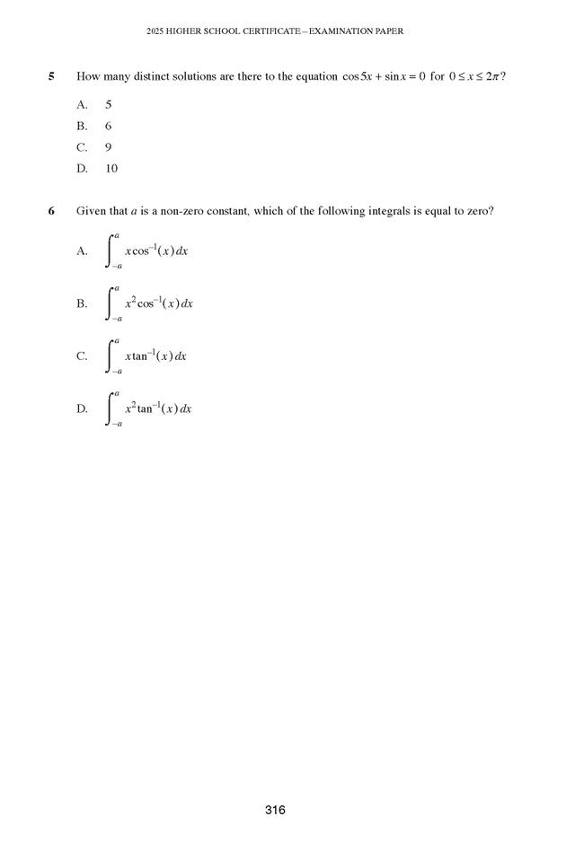 Course notes from Excel Success One displaying an examination paper page with two mathematics questions and multiple-choice answers.