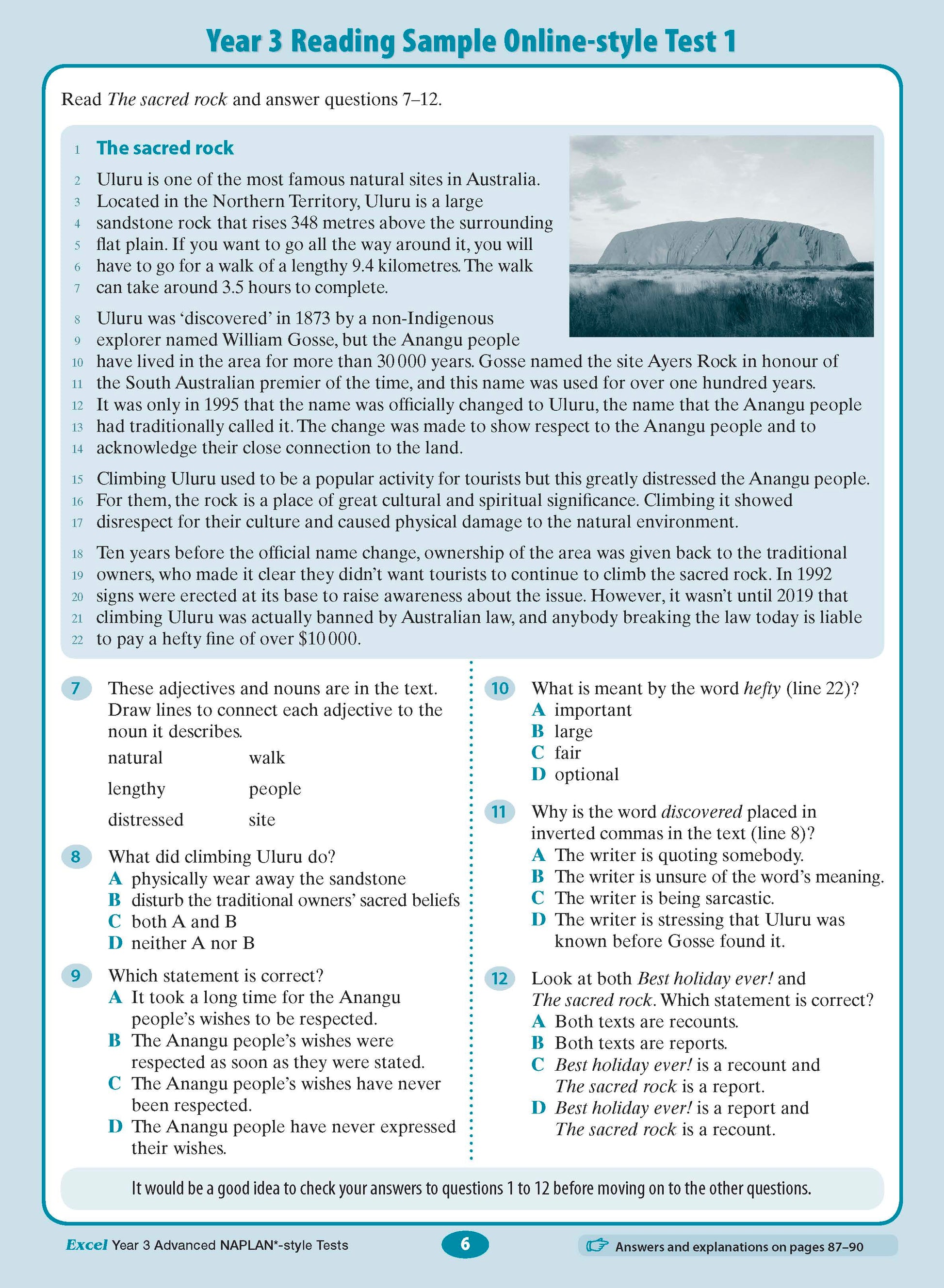Year 3 assessment test book page by Excel, showing a reading passage about Uluru and multiple-choice questions.