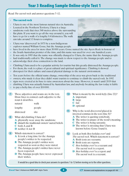 Year 3 assessment test book page by Excel, showing a reading passage about Uluru and multiple-choice questions.