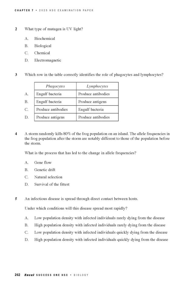 White page from Biology course notes by Excel Success One HSC, displaying multiple-choice biology questions.
