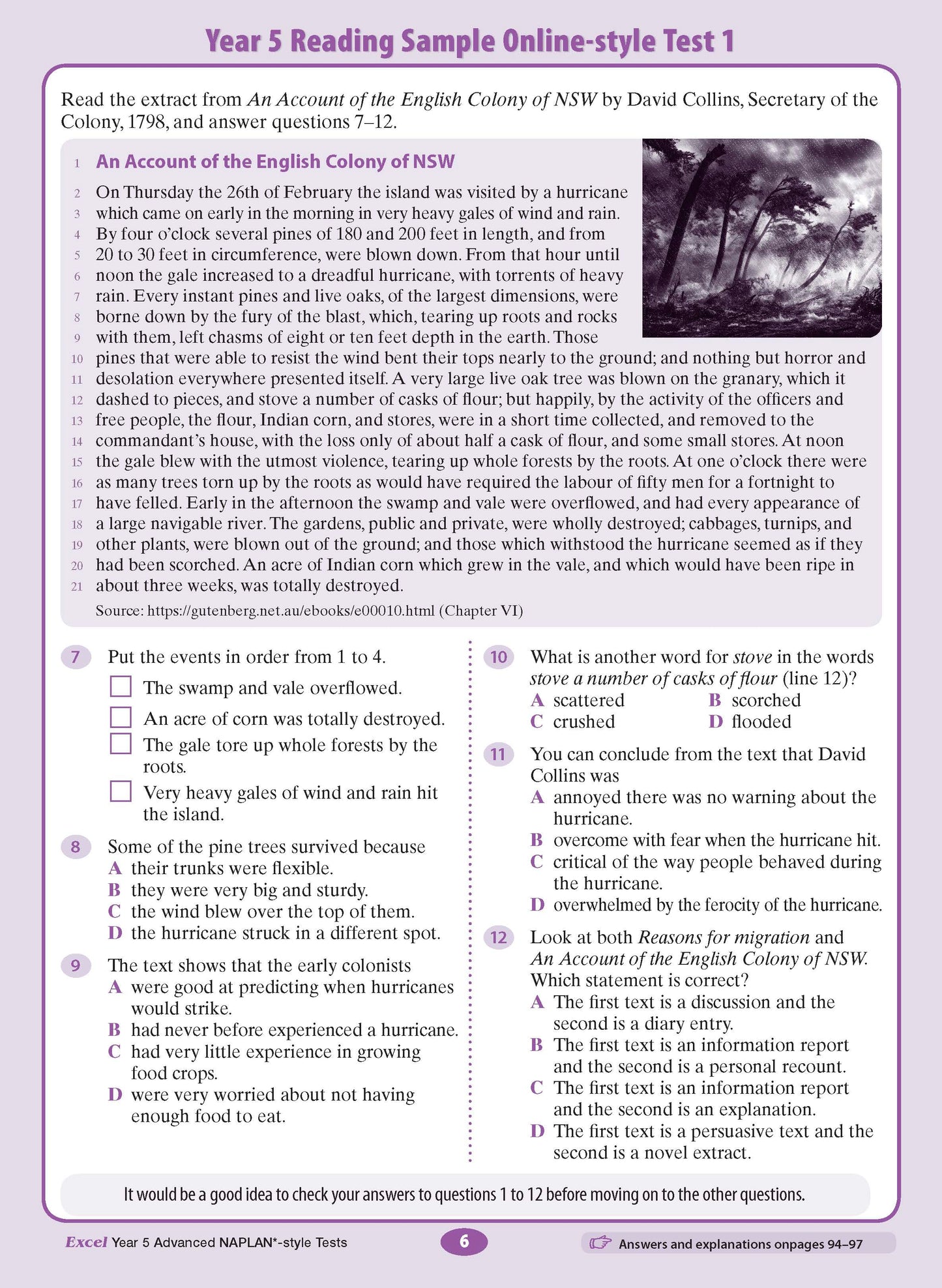Advanced NAPLAN-style test book for Year 5 by Excel, showing a reading passage, storm illustration, and questions.