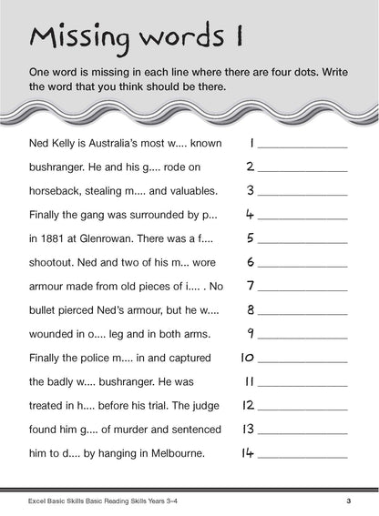 Excel Basic Skills - Basic Reading Skills Years 3-4