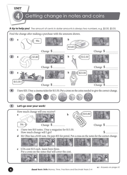 Excel Basic Skills - Money, Time, Fractions and Decimals Years 3-4