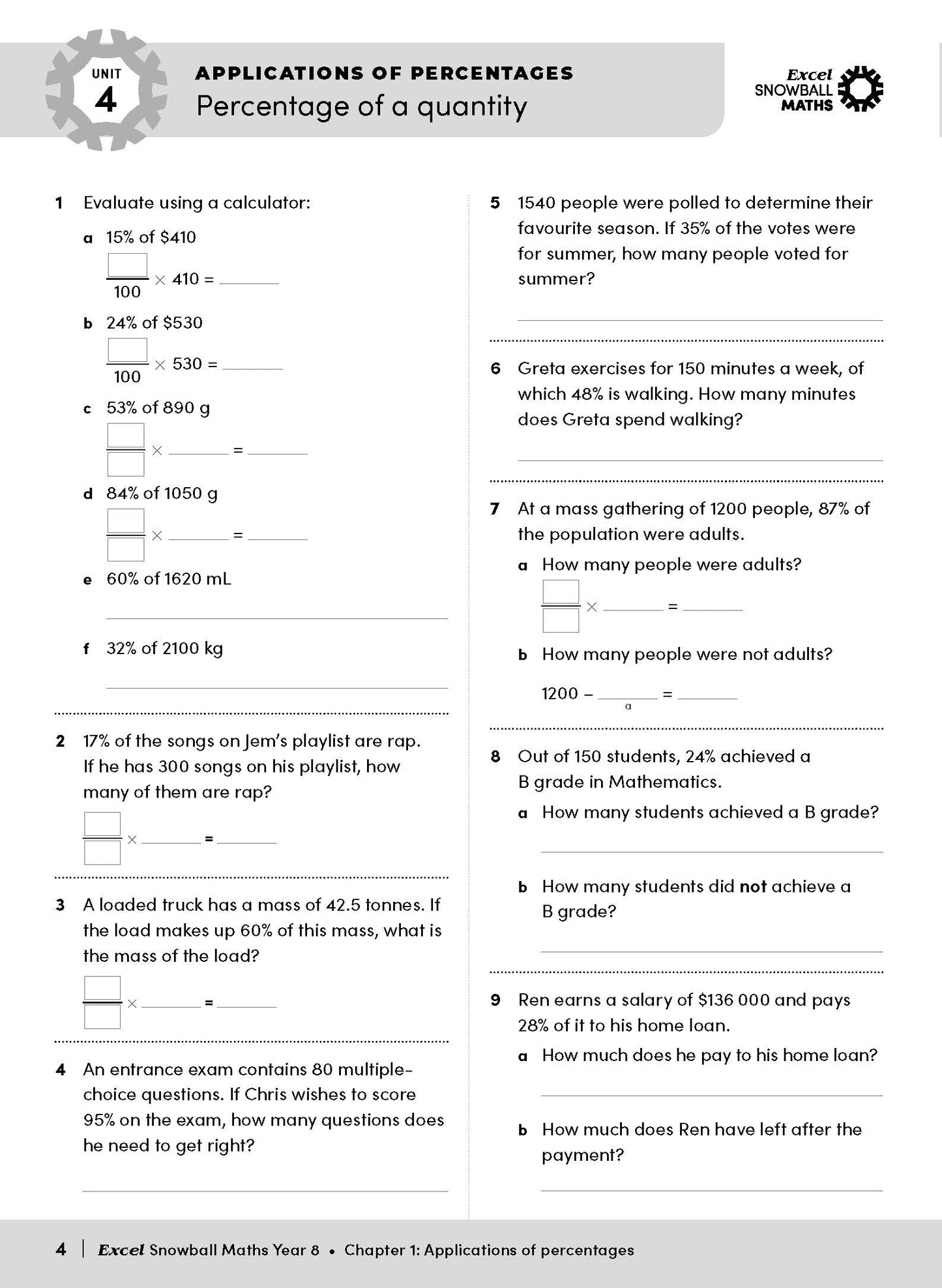 Maths Year 8 workbook page by Excel Snowball Maths, displaying percentage problems with a grey header and 'UNIT 4'.