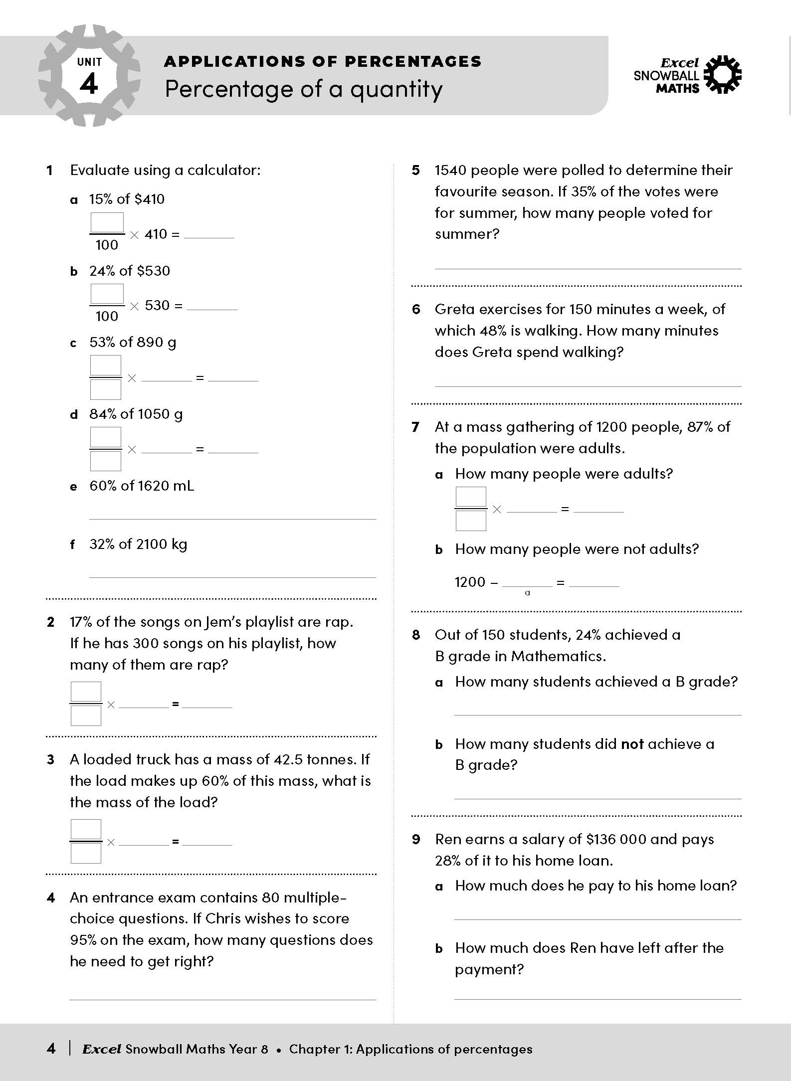Maths Year 8 workbook page by Excel Snowball Maths, displaying percentage problems with a grey header and 'UNIT 4'.