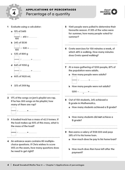 Maths Year 8 workbook page by Excel Snowball Maths, displaying percentage problems with a grey header and 'UNIT 4'.