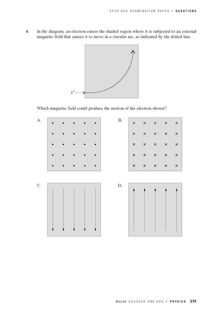 Physics course notes book by Excel Success One HSC, featuring a page with a multiple-choice physics question.