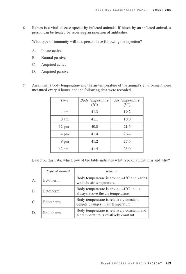 Biology course notes page by Excel Success One HSC, displaying questions on immunity and animal temperature data.