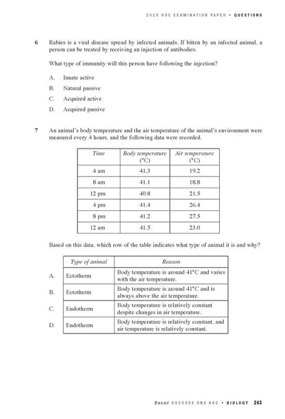 Biology course notes page by Excel Success One HSC, displaying questions on immunity and animal temperature data.