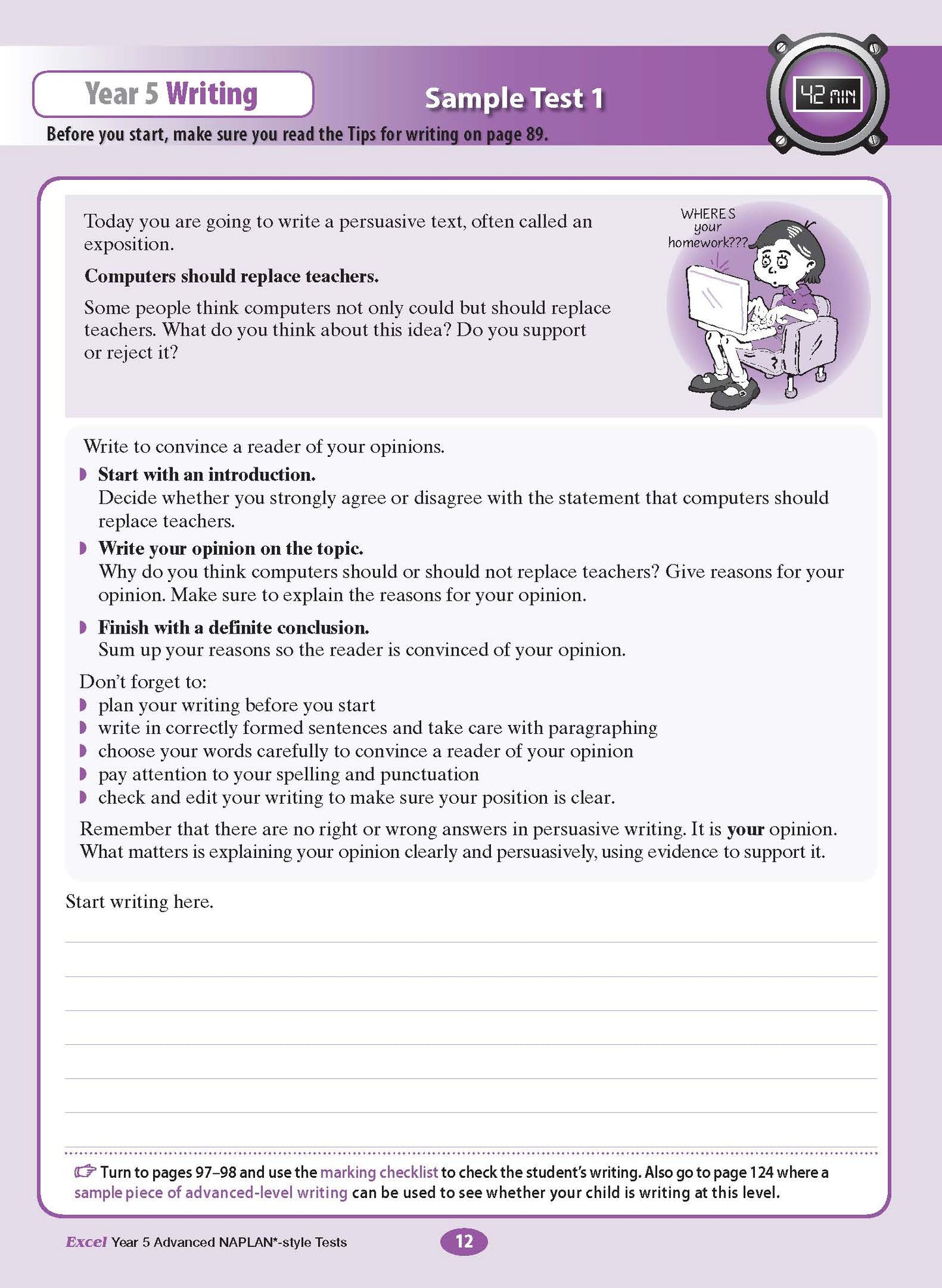 Year 5 advanced NAPLAN-style test book by Excel, displaying a purple-accented writing test page with a persuasive prompt and a girl cartoon.