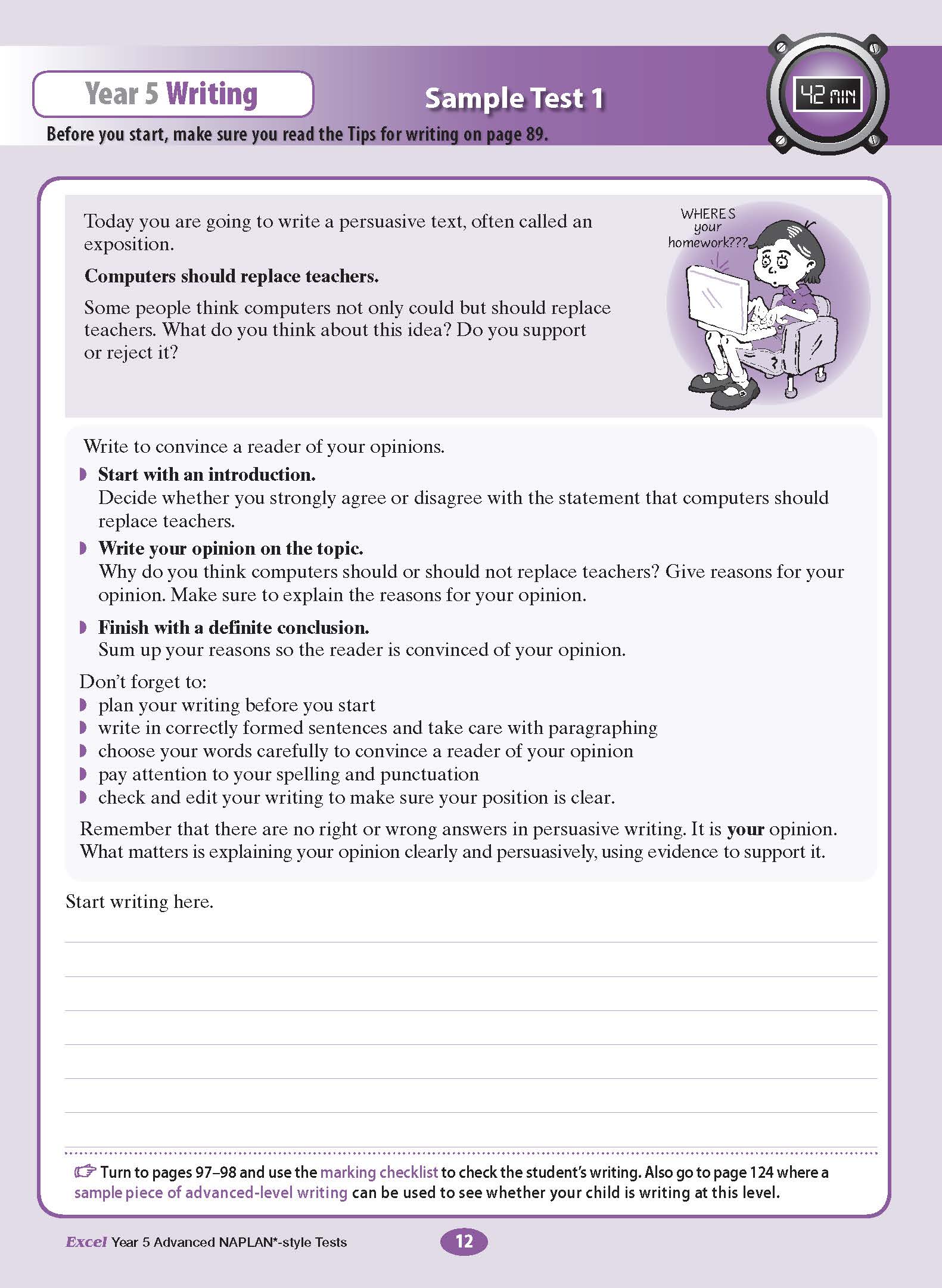 Year 5 advanced NAPLAN-style test book by Excel, displaying a purple-accented writing test page with a persuasive prompt and a girl cartoon.