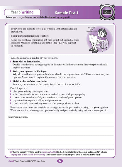 Year 5 advanced NAPLAN-style test book by Excel, displaying a purple-accented writing test page with a persuasive prompt and a girl cartoon.