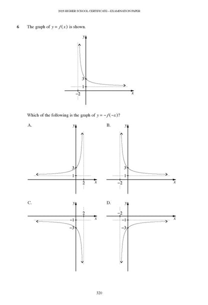 Mathematics Advanced course notes page from Excel Success One, displaying a black and white exam question with function graphs and multiple-choice options.