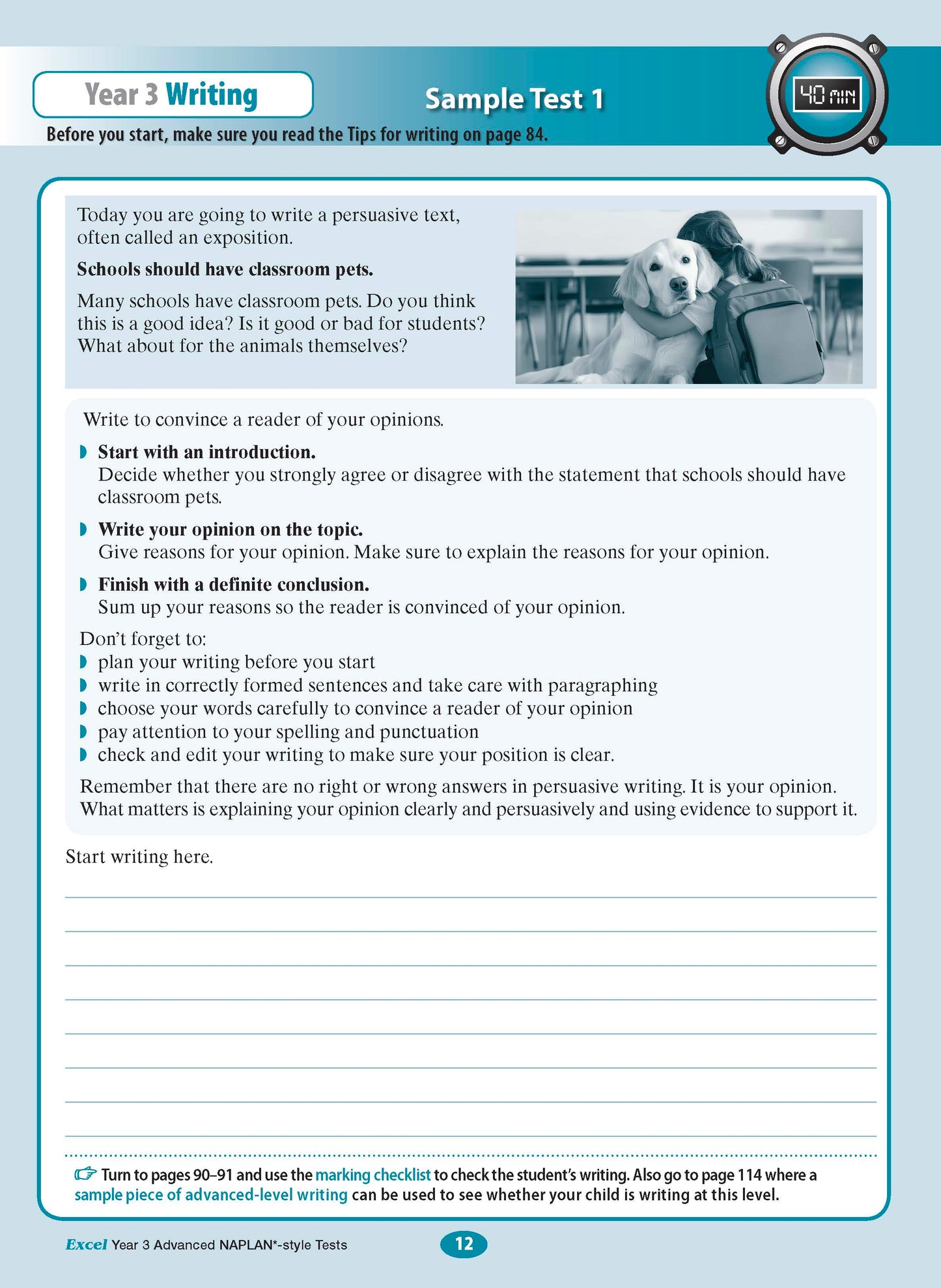 Year 3 Advanced NAPLAN-style Test book page by Excel, displaying a persuasive writing prompt about classroom pets, instructions, and blank lines.