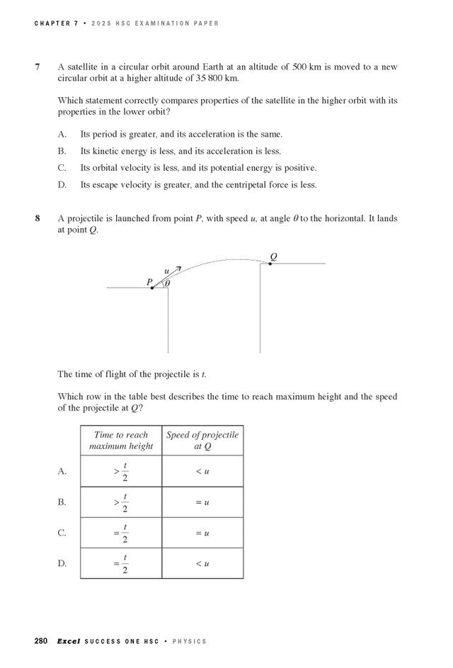 HSC Physics examination paper page dated 2025 by Excel Success One, featuring problems on satellite orbits and projectile motion and a data table.