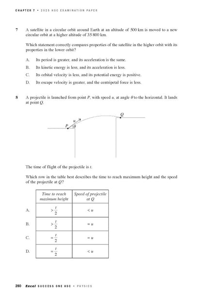 HSC Physics examination paper page dated 2025 by Excel Success One, featuring problems on satellite orbits and projectile motion and a data table.