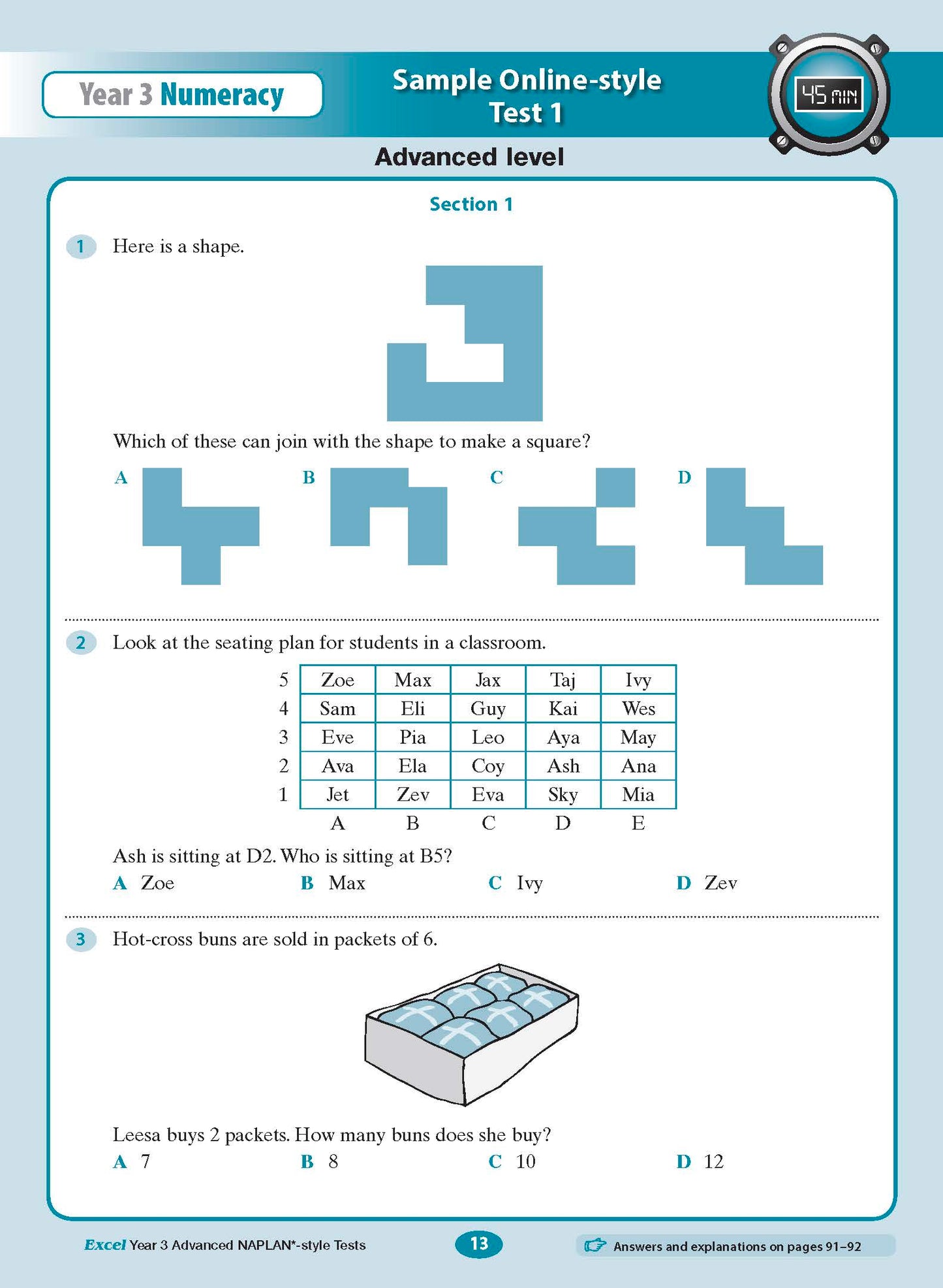 Year 3 Advanced NAPLAN*-style Test Book by Excel, displaying a numeracy test page with three different questions.