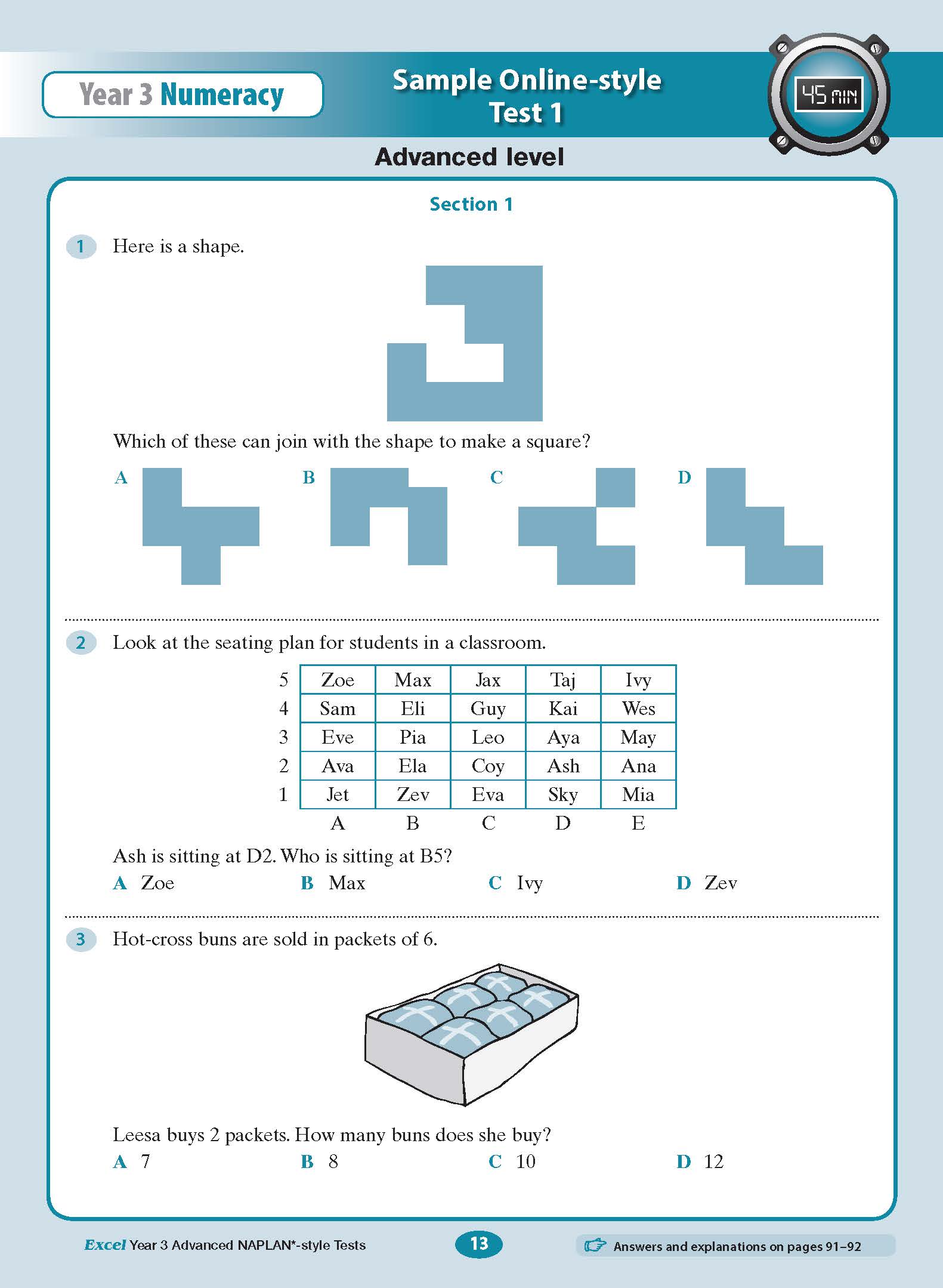 Year 3 Advanced NAPLAN*-style Test Book by Excel, displaying a numeracy test page with three different questions.