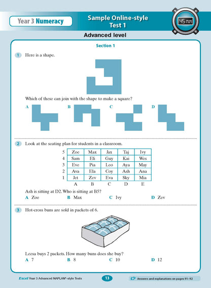 Year 3 Advanced NAPLAN*-style Test Book by Excel, displaying a numeracy test page with three different questions.