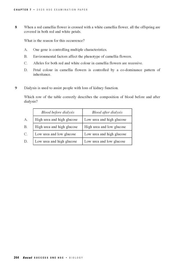 White page from a biology textbook by Excel Success One, showing genetics and dialysis questions from Chapter 7, page 264.