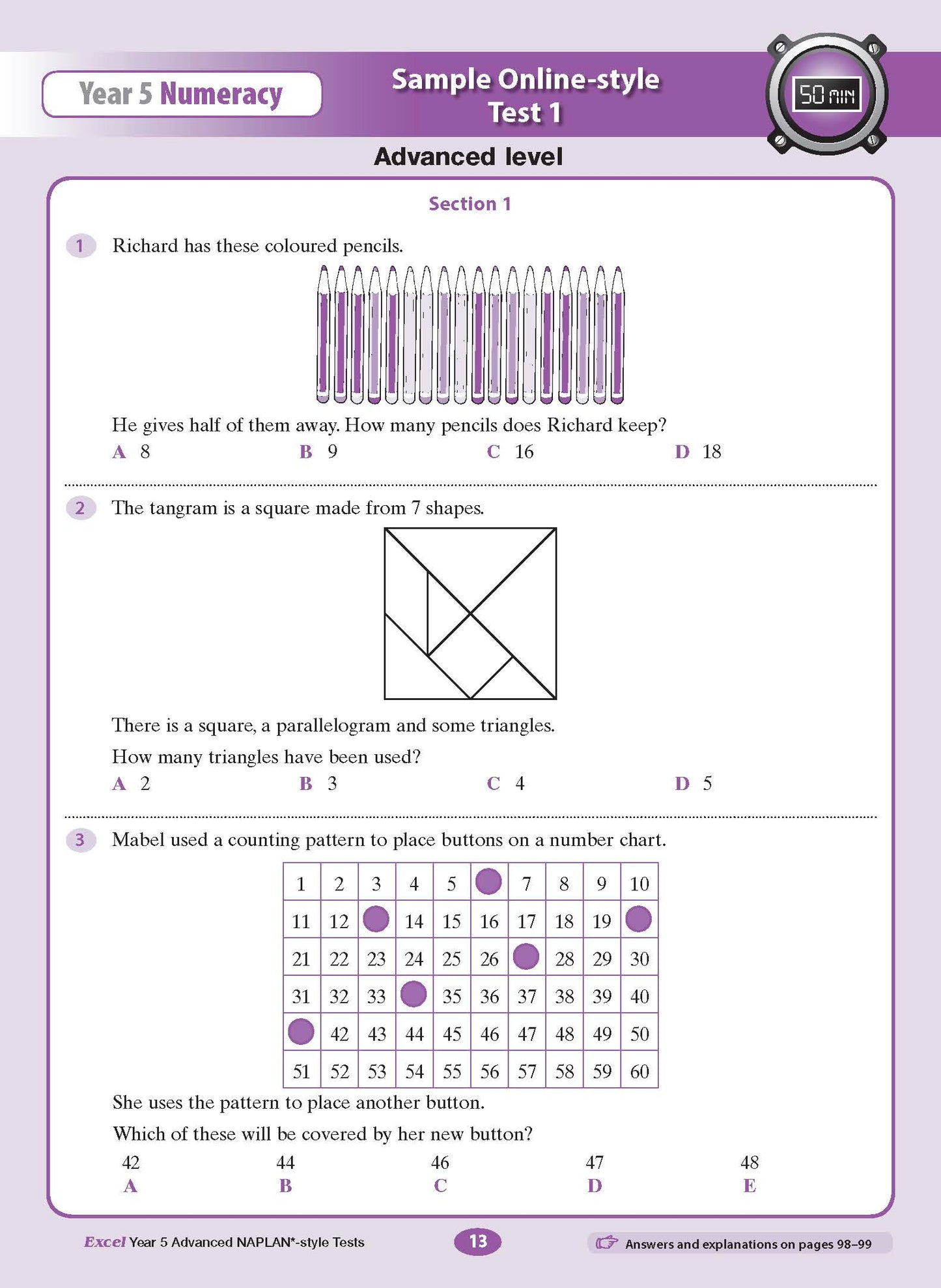 Year 5 Numeracy test book page from Excel, displaying Sample Online-style Test 1 with three math questions.