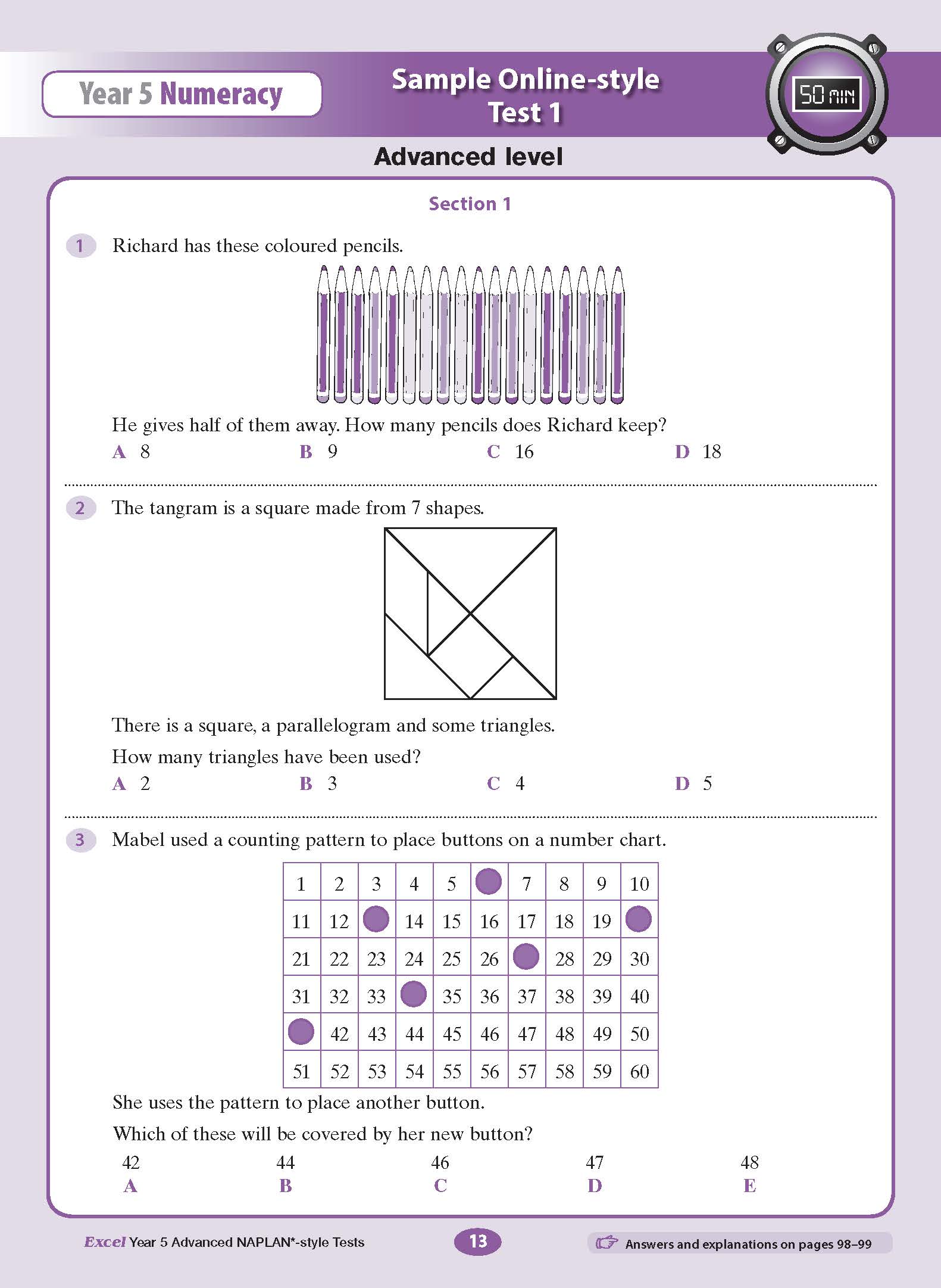 Year 5 Numeracy test book page from Excel, displaying Sample Online-style Test 1 with three math questions.